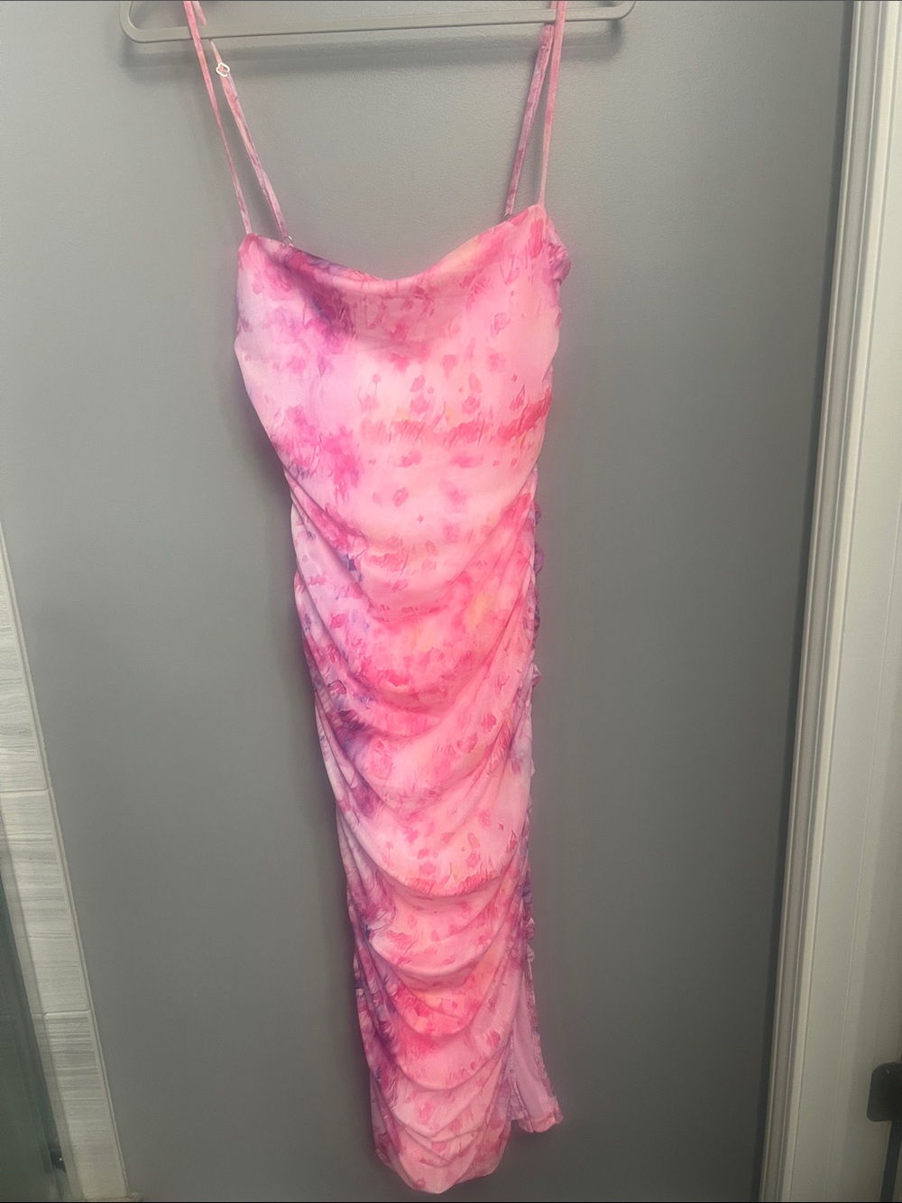 Pink Tie-Dye Ruched Slip Dress with Spaghetti Straps